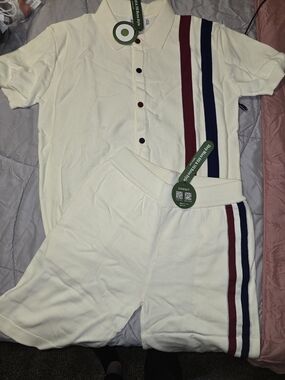 Cream Knit Polo & Shorts Set with Red and Navy Stripes